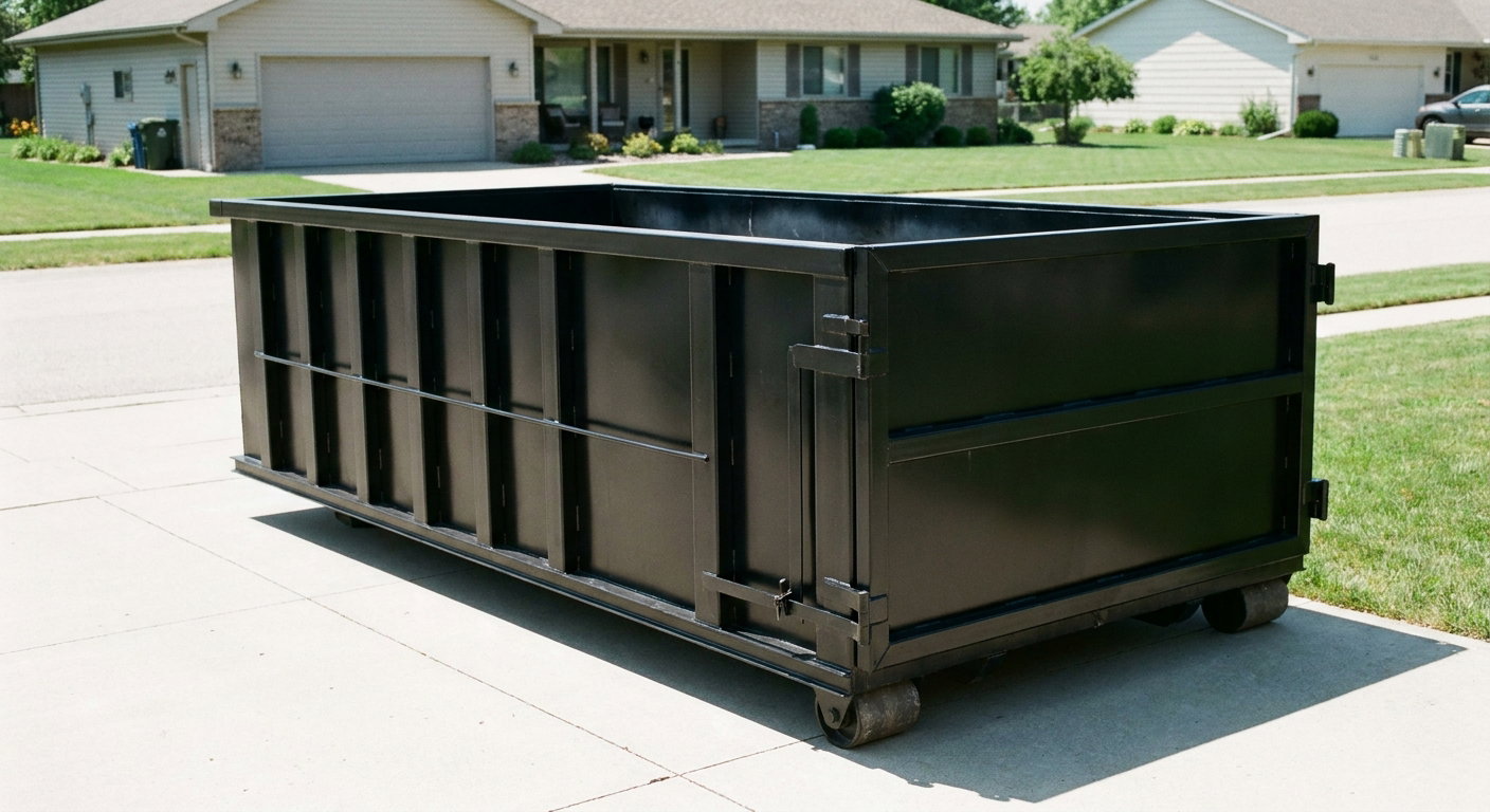 Matte-black 10-yard roll-off dumpster on a residential concrete driveway in Charlotte, uniformly painted matte black across every panel and rail, ribbed steel sidewalls and rear swing door visible, mid-day daylight.