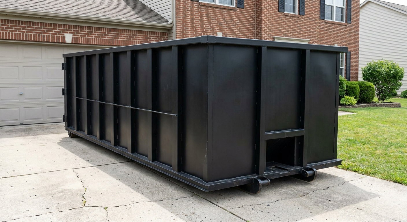 Matte-black 20-yard roll-off container on a Charlotte residential concrete driveway with reinforced ribbed steel sidewalls and a hinged rear walk-in door, clean bright daylight.