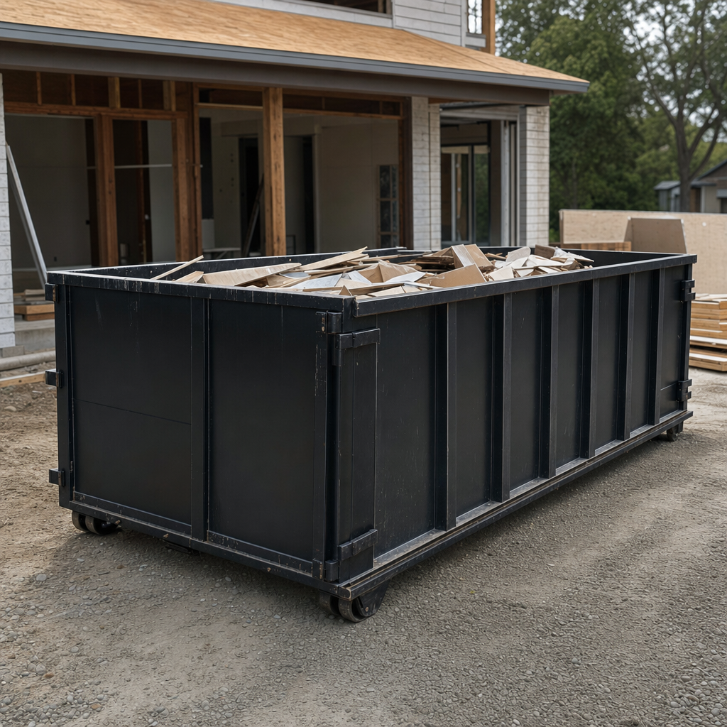 Large matte-black 30-yard construction roll-off dumpster at an active Charlotte jobsite, steel-gray top rails and bottom rollers visible, loaded with construction debris.