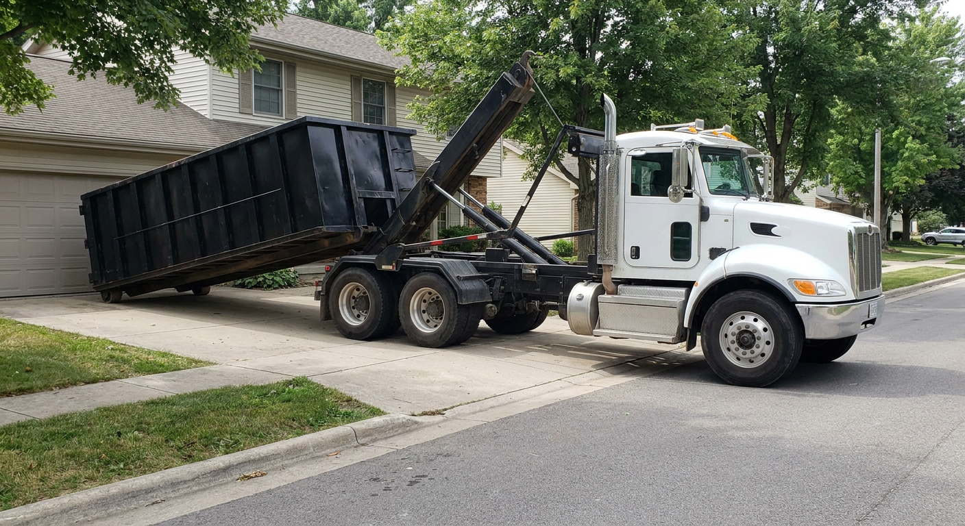 White-cab hooklift roll-off truck actively lowering a matte-black dumpster onto a Charlotte residential concrete driveway, the dumpster's rear wheels touching the driveway as the hoist arm tilts the bed forward, mid-morning daylight.