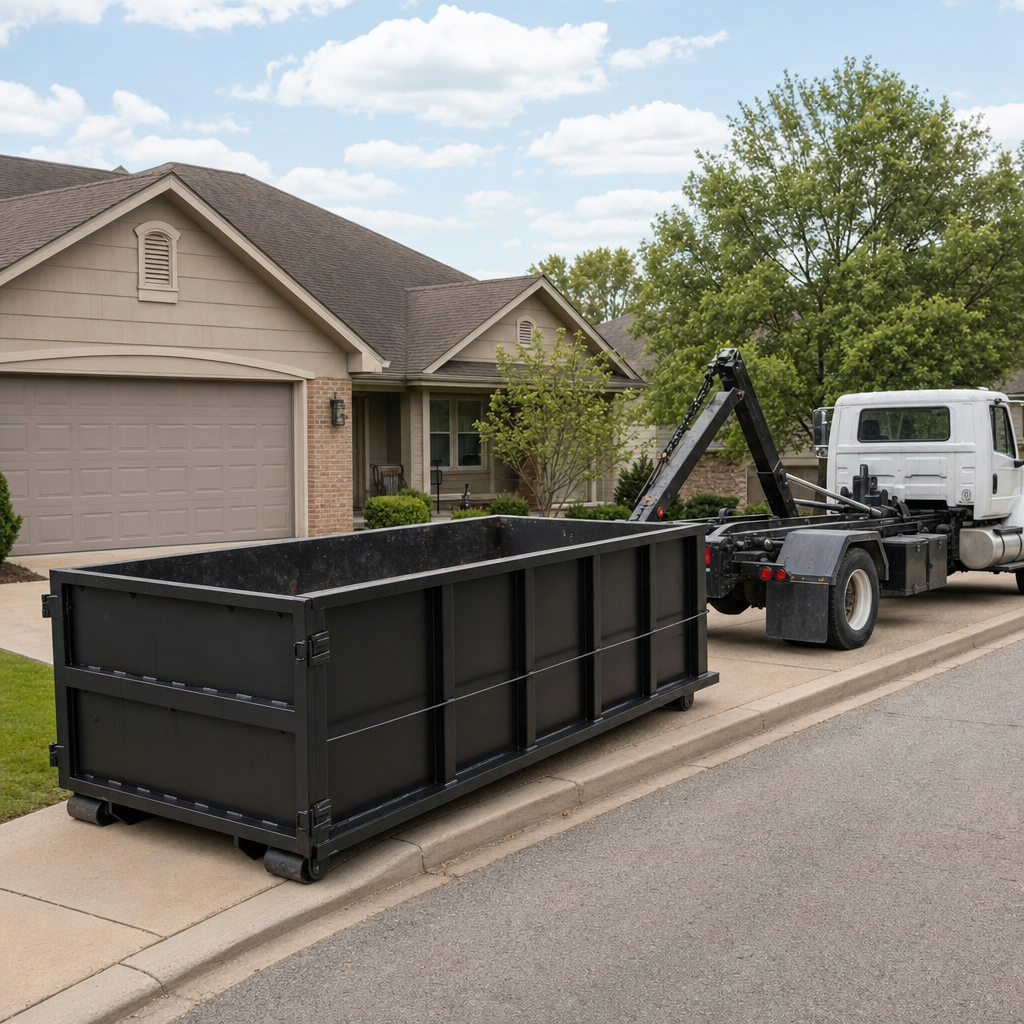 Wide documentary shot of a matte-black roll-off dumpster on a Charlotte residential driveway in the foreground and a contractor jobsite container in the soft-focus background, bright daylight, calm and orderly composition.