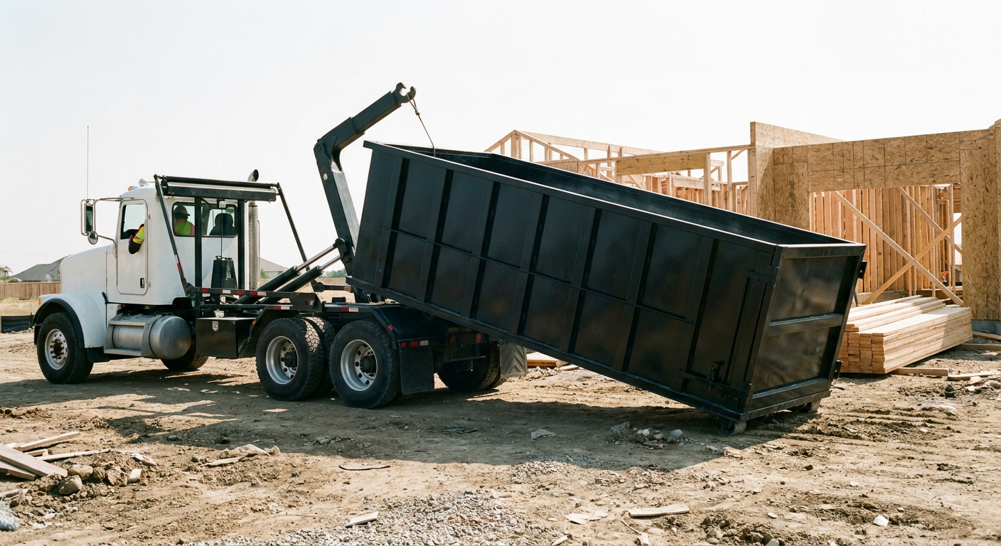 Matte-black roll-off dumpster being delivered onto a clean residential concrete driveway in Charlotte by an unmarked white hooklift hauler truck, bright morning daylight, documentary 35mm perspective.
